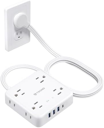 TROND 360° Rotating Plug Power Strip with 5 FT Flat Cord – 4 AC Outlets & 4 USB Ports (2 USB-C) – Wall Mount Surge Protector with 1440 Joules Safety Rating – Ultimate Travel & Home Charging Solution for Electronics and Devices