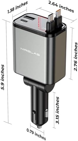 Upgraded MRGLAS Retractable 69 W USB C Car Charger with Dual Type C Cables – 4-in-1 Fast Charging Solution for i Phone 16/15, i Pad, Samsung Galaxy, and Pixel – Compact, Portable, and Compatible Car Accessory for Effortless Power on the Go