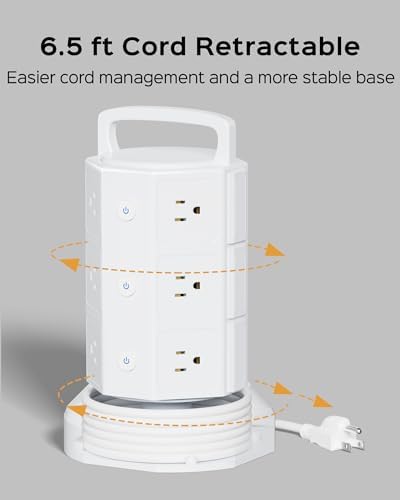 JACKYLED Power Strip Tower Surge Protector with 12 Outlets and 6 USB Ports (2 USB-C) – High-Speed Charging Station with 1050 Joules Protection, 1625 Watts, 6.5 ft Extension Cord for Enhanced Home Office Efficiency and Device Safety
