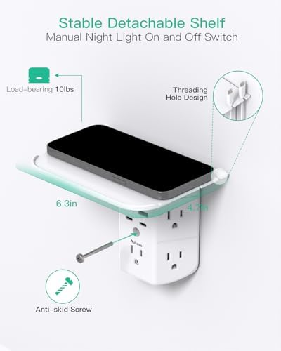 Revolutionary Wall Outlet Extender with Integrated Shelf & Adjustable Night Light – 5 USB Ports Including Rapid USB-C Charging, Surge Protection, and Compact Design for Enhanced Organization and Efficiency