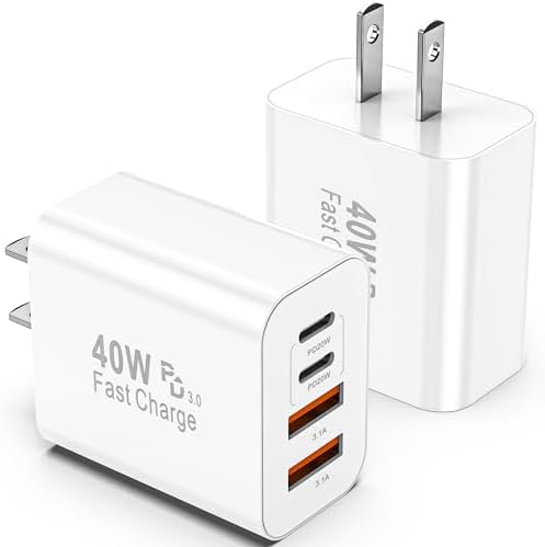 40 W USB C Charger Block – 2 Pack 4-Port Fast Charging Adapter for i Phone & Samsung Devices – PD 3.0 & QC 4.0 Dual Quick Charge Technology – Multi-Device Compatibility in Sleek Black Design – Safe, Efficient Charging Solution for Home & Travel