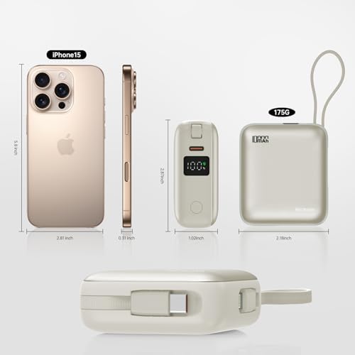 Sleek Gold Portable Power Bank with Built-in Cables and LED Battery Indicator – 10,000 m Ah USB-C Fast Charging Power Pack for i Phone, i Pad, Samsung, and Android Devices – Essential Travel Charger with Intelligent Safety Technology for Ultimate On-the-Go Convenience