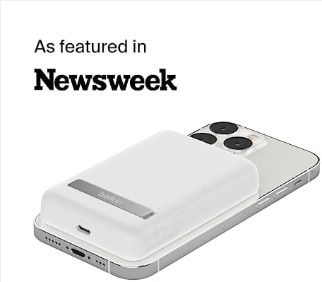 Belkin Wireless Power Bank 5000 m Ah with Mag Safe Compatibility – Portable Charger for i Phone 16 Series, i Phone 15, and Air Pods – 7.5 W Fast Charging with Built-in Kickstand for Hands-Free Use – Lightweight White Design for On-the-Go Charging Solutions