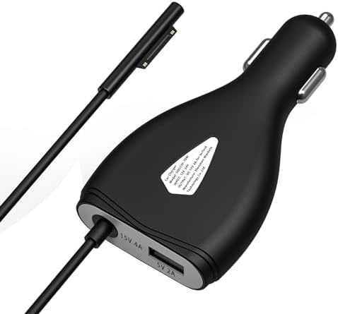 High-Performance 70 W Surface Car Charger for Microsoft Devices – Compatible with Surface Pro 3 to Pro 8, Surface Book, Surface Go & Laptop – Dual USB Fast Charging with 5 V 2 A Port and 4.8 Ft Cord – Reliable Power Supply for On-the-Go Professionals