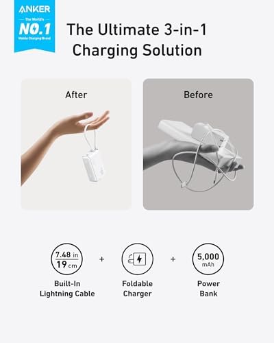 ANKER 3-in-1 Portable Power Bank with USB-C Charger Block – 5,000 m Ah Fast Charging Battery Pack with Built-in Cable and Foldable AC Plug for i Phone 15, Galaxy, Mac Book – Ultra-Compact Design for Ultimate Convenience and Speed