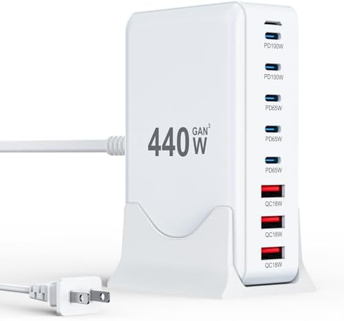 Powerful 440 W Ga N III USB-C Charging Hub with 8 Ports – Fast Multi-Device Charger for Mac Book Pro, i Phone 16/15, Samsung Galaxy & Dell – Versatile Charging Station with 5 ft Extension Cord for Ultimate Convenience and Efficiency