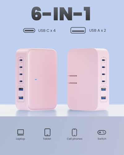 200 W USB C Charging Hub with 6 Ports – Ga N IV Foldable Wall Charger for Rapid Device Power-Up, PD 65 W Laptop Charger for Mac Book Pro, Dell, i Phone 16/15, i Pad, Galaxy & Steam Deck – Compact & Travel-Friendly Fast Charging Solution