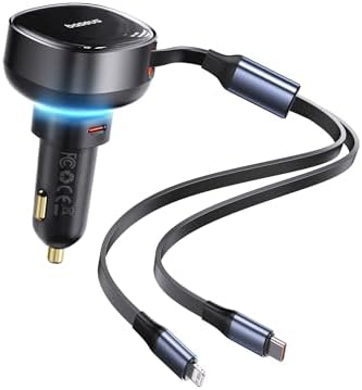 Baseus 33 W Retractable Dual USB-C Car Charger – Fast Charge Your Samsung Galaxy & Tablets on the Go, Sleek Black Design, Compact & Portable, Enhanced Safety Features for Effortless Travel Power Solutions