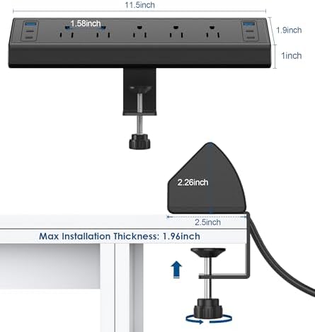 Ultimate Desk Clamp Power Strip with USB C Fast Charging, 40 W Surge Protector for Home and Office, 2 PD 20 W USB C Ports & 3 AC Outlets – Streamline Your Workspace with Enhanced Safety (ETL Listed)