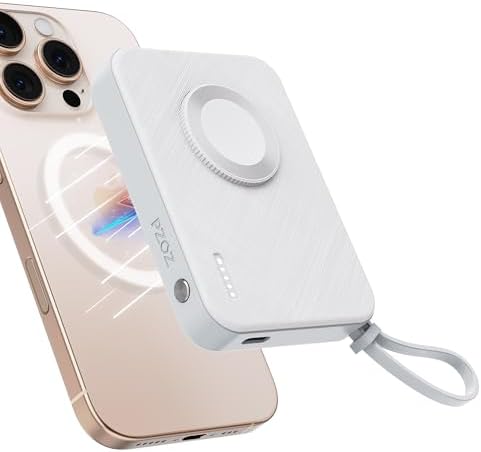 PZOZ 5000 m Ah Wireless Power Bank with Built-in Lightning & Type C Cables – Fast Charging Apple Watch & i Phone 15/14/13 Travel Charger – Magnetic Design for Effortless Portability – Ultimate Compatibility & Speed for On-the-Go Charging