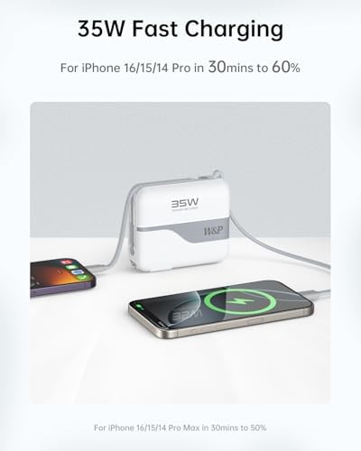 W&P Ultimate Travel Power Bank: 20,000 m Ah Portable Charger with Built-in Cables & AC Plug for 35 W Fast Charging – Ideal for i Phone 16/15/14/13/12 Pro, i Pad, Mac Book Air & Samsung Devices, Your Essential On-the-Go Power Solution