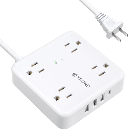 TROND 2-Prong Surge Protector Power Strip with 5 ft Extension Cord, 1440 Joules Safety Shield, Multiple AC Outlets & USB Charging Ports – Compact Wall-Mount Adapter for Streamlined Power Access and Enhanced Device Protection