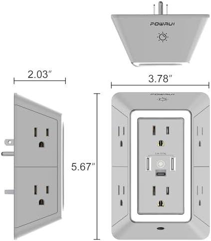 POWRUI 6-Outlet Surge Protector with 3 USB Ports (1 USB-C) and Integrated Night Light – Space-Efficient Power Strip for Home & Office – ETL Listed for Ultimate Safety and Fast Charging – Versatile 3-Sided Design with Adapter Spaced Outlets for Large Plugs – Streamline Your Charging Needs with Enhanced Compatibility and Reliability