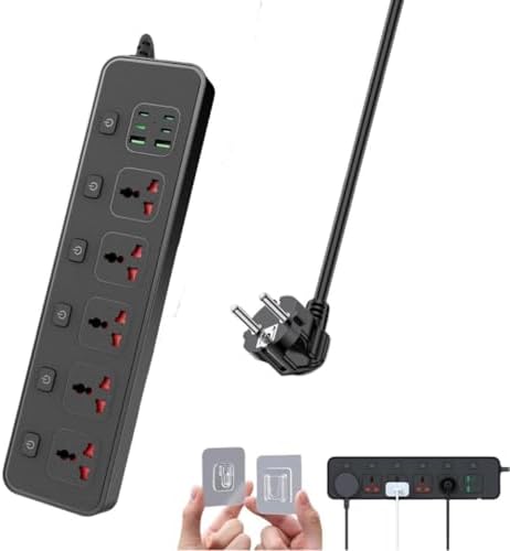 Jumpso European Travel Plug Adapter with Individual Switch – 6 ft Universal Power Strip with 5 AC Outlets and 6 USB Ports (4 USB-C) – Maximum 3000 W Surge Protector for Safe and Efficient Charging in Office and Travel Environments – Compact, Versatile, and Energy-Saving Solution for All Your Devices