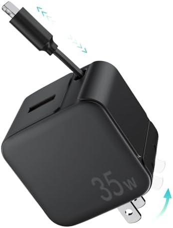 Rapid 35 W Ga N USB Wall Charger with Retractable Lightning Cables – Portable and Sleek Charging Solution for i Phone 14/13/12 & i Pad – Tangle-Free Design for Effortless Travel and Enhanced Compatibility with Apple Devices