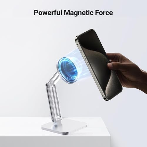 Magnetic Phone Stand for Desk, Heightened Adjustable Foldable, Compatible with iPhone 16/15/14/13/12 All Series/Mag-Safe Case (Silver) – Enhanced Compatibility and Speed