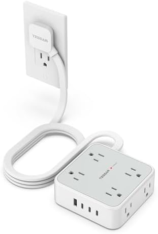 TESSAN Power Strip Tower Surge Protector: 8 AC Outlets & 3 USB Ports (1 USB-C) with 900 Joules Protection, 5 FT Flat Plug Extension Cord – Ultimate Desk Charging Station for Home Office and Dorm Room Efficiency