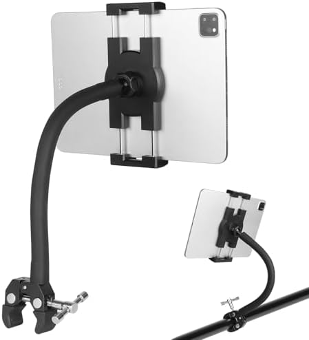Revolutionize Your Workout: Adjustable Gooseneck Tablet Holder for Treadmill, Peloton, and Spin Bikes – Universal Mount for 4.7″ to 12.9″ Devices – Enjoy Seamless Access to Entertainment and Fitness Content with Secure Super Crab Clamp Design – Elevate Your Indoor Cycling Experience