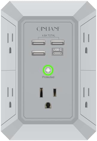 QINLIANF 5-Outlet USB Wall Charger with Surge Protection – 4 USB Ports (4.8 A Total) Power Strip Extender, 3-Sided Design for Easy Access, 1680 J Surge Defense, Compact Multi-Plug Adapter for Home, Travel, and Office Use – Elevate Your Charging Experience with Versatile Compatibility and Safety