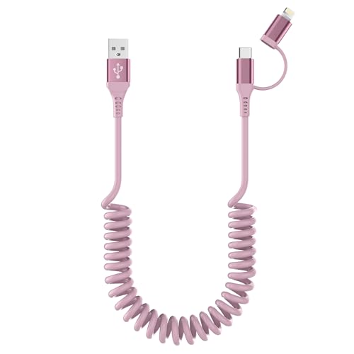 Revolutionary 2-in-1 Coiled USB to USB-C & Lightning Cable – MFi Certified for Fast Charging & Data Sync – Compatible with Apple Carplay & Android Auto – Stylish Pink Design for i Phone 16/15/14/13 & Android Devices – Tangle-Free Convenience for Modern Users