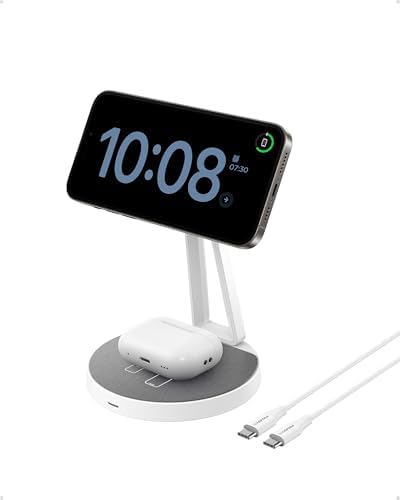 PISEN 2-in-1 Magnetic Wireless Charger Stand – Fast Charging Station for i Phone 12-16, Samsung & Air Pods – Sleek Fiber Surface, Dual Device Compatibility, Effortless Magnetic Alignment, Ideal for Home and Office Use