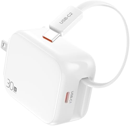 Compact Retractable 2-in-1 Wall Charger with USB-C and 27-inch Cable – 30 W Fast Charging Adapter for i Phone 16/15, i Pad, Galaxy & Pixel – Sleek Black, Perfect for Travel and Enhanced Device Compatibility