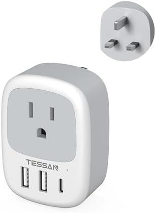 TESSAN Universal Type G UK Travel Adapter with 3 USB Ports & USB-C Charger – Effortless US to UK Plug Conversion for Global Travelers to England, Ireland, Qatar, Hong Kong, Dubai, and More – Compact Power Solution for Fast and Safe Device Charging