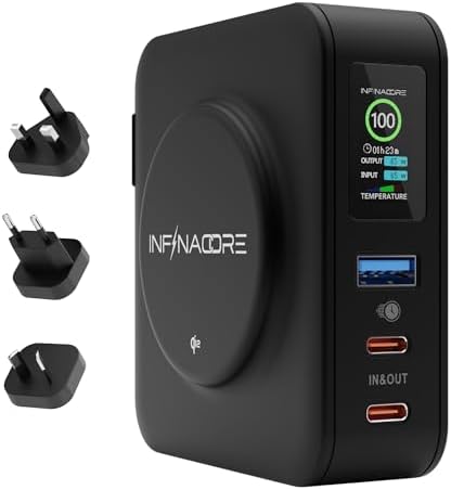 Infina Core P3 8000 m Ah Portable Power Bank: Ultra-Fast 18 W USB-C Charger with 4-in-1 Functionality, Qi Wireless Compatibility, and Travel-Ready Foldable Plug for Effortless Device Charging on the Go