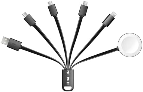 CHAFON 6-in-1 Multi-Device USB Charging Cable – Ultra-Fast, Short 0.6 FT Charger with Type C, Micro USB, Lightning, and i Watch Connectors for i Phone 15/14/13/12/11, Samsung Galaxy S22/S21, i Pad Pro, and More – Durable, Tangle-Free Design with Safety Features for Optimal Device Protection – Perfect for Travel and Everyday Use