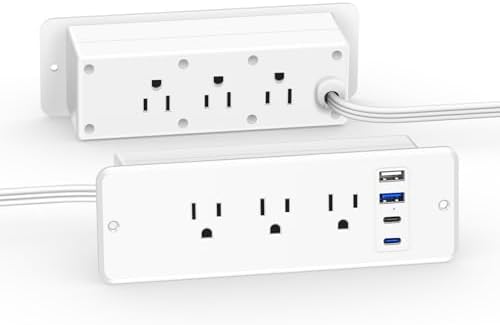 CCCEI 6-Outlet Recessed Power Strip with Dual USB-C Ports – Sleek Flush Mount Charging Station for Desks & Nightstands, 10-Foot Cord for Flexible Setup, Ideal for Home & Office Power Needs, White Finish