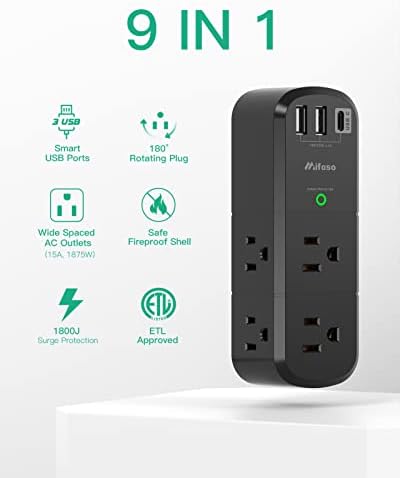 Mifaso 6-Outlet Surge Protector with 3 USB Fast Charging Ports – Rotating Plug Power Strip for Home, Travel, and Dorm Room Use – 1800 Joules of Protection with 3-Sided Swivel Design for Maximum Accessibility and Device Compatibility