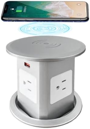ZESHAN Sleek Pop-Up Power Outlet with 15 W Wireless Charging Station – Dual US Outlets, USB A & USB C PD Fast Charging Ports for Effortless Connectivity at Home or Office – Ideal for Conference Tables and Kitchen Counters, Modern Black Finish