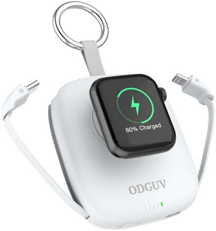 Compact 5000 m Ah Portable Charger with Built-in Cable – Keychain Power Bank for Apple Watch and i Phone – Fast Wireless Charging for Apple Watch 9/Ultra2/8/7/6/SE/5/4/3, Compatible with i Phone 15/14/13/12/11 & Android Devices – Ultimate Travel Accessory for On-the-Go Power