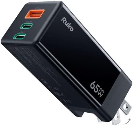 Ruko PD65 W Ga N Fast Charger – Ultra-Compact 3-Port USB-C Wall Adapter for Rapid Charging of i Phone 16/15, Mac Book Pro/Air, Galaxy S24, Pixel & More – Travel-Ready Foldable Design with Universal Compatibility for All Devices, Enhanced Efficiency for On-the-Go Power Needs
