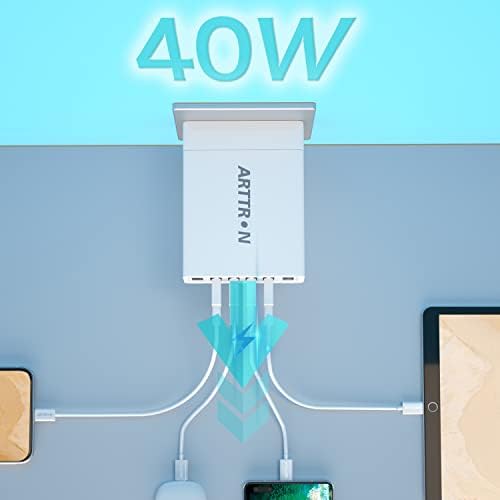 Arttron 40 W 6-Port Foldable USB Wall Charger – Ultimate Fast Charging Adapter for i Phones, i Pads, Tablets & Smartphones – Compact, Multi-Device Power Solution with Safety Features for Home and Office Efficiency