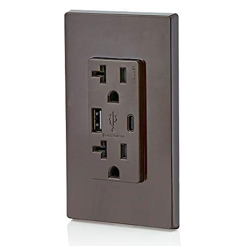 Leviton Dual USB In-Wall Charger with 20 A Tamper-Resistant Outlet – Type A & Type-C Compatibility for Smartphones and Tablets, Light Almond Finish – Streamlined Charging Solution for Home and Office Spaces