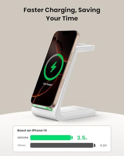 GEEKERA 3-in-1 Foldable Wireless Charging Station for Apple Devices – Fast Charge Your i Phone 16/15/14/13/12/11 Pro Max, Apple Watch Ultra/10/9/SE/8/7/6/5 & Air Pods Pro/4/3/2 with Travel-Friendly Design – Ultimate Multi-Device Charging Solution for Home & On-the-Go Efficiency