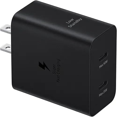 SAMSUNG 50 W Dual-Port Wall Charger – Ultra-Fast Charging 2.0 for USB Type C Devices, Energy-Saving Power Adapter with Essential Cable, Sleek Black Design, Ideal for Mobile Professionals and Frequent Travelers Seeking Efficient Power Solutions
