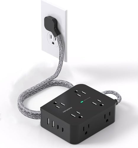 Maximize Your Power Efficiency with HANYCONY 5 Ft Ultra Thin Flat Plug Surge Protector Power Strip – 8 Outlet Extender & 4 Fast-Charging USB Ports (2 USB-C) for College Dorm Room Essentials – 1080 Joules Surge Protection & Wall Mount Design in Sleek Black Finish