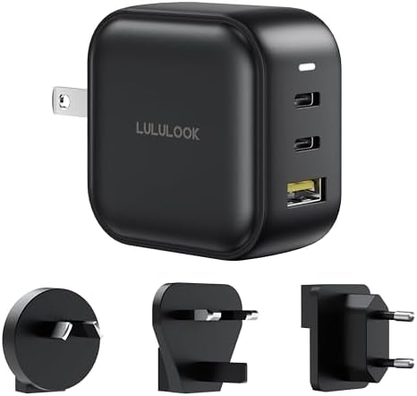 LULULOOK 65 W Ga N USB-C Fast Charger – Versatile 3-Port Travel Adapter for Mac Book Pro, i Pad Pro, i Phone 16, Galaxy S24 & Dell XPS – Ultra-Fast Multi-Device Charging with Global Compatibility for UK/EU/AU – Advanced Safety Features for Secure On-the-Go Charging Solutions