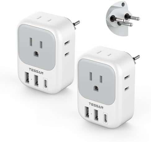 TESSAN Dual Pack European Travel Adapter with 4 AC Outlets and 3 High-Speed USB Ports – Ultimate International Power Converter for Seamless Device Charging in Italy, Spain, France, Portugal, Germany, and Iceland – Essential Travel Accessory for Modern Explorers