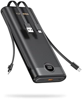 VEEKTOMX 10,000 m Ah Portable Power Bank with Integrated Charging Cables – Slim, Lightweight Fast Charger for i Phone, Samsung, and Android Devices – Essential Travel Companion with Intelligent Charging Technology for On-the-Go Convenience
