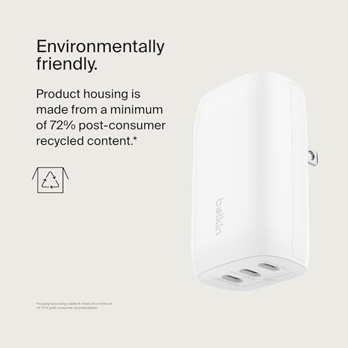 Belkin 3-Port USB C Fast Charger Block – 67 W Power Adapter with Advanced PPS Technology for i Phone 16, Mac Book Pro, Galaxy Devices, Air Pods & Nintendo Switch 2 – Ultra-Fast USB-C PD 3.1 Charger for Efficient Multi-Device Charging – Sleek Compact Design for Travel & Daily Use