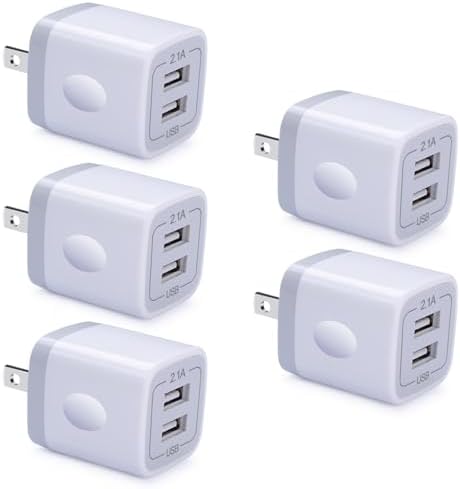 Rapid Charge Duo USB Power Cubes – 5-Pack 2.1 A Dual Port Wall Chargers for i Phone & Samsung Devices – Compact, Efficient & Travel-Friendly with Enhanced Safety Features – Stay Connected Anytime, Anywhere