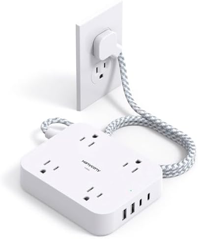 HANYCONY 10 Ft Ultra Thin Flat Extension Cord with 4 AC Outlets & 4 USB Ports (2 USB-C) – Wall-Mountable Power Strip & Desk Charging Station for Seamless Office, Dorm, and Travel Connectivity – Superior Surge Protection & Space-Saving Design