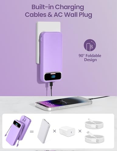 12000 m Ah Ultra-Light Portable Power Bank with Built-In Cables & AC Wall Plug – PD20 W USB-C Fast Charging for i Phone, Samsung & Android – LED Display for Battery Monitoring – Ultimate Travel Companion for Quick Device Recharging
