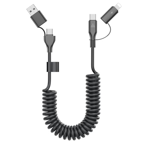 Dual-Function Coiled USB-C & Lightning Charging Cable 3 FT – 60 W Fast Charge for i Phone 15/16 & Samsung Galaxy – Perfect for Apple Car Play & Android Auto Integration (Sleek Black) – Enhanced Durability & Space-Saving Design