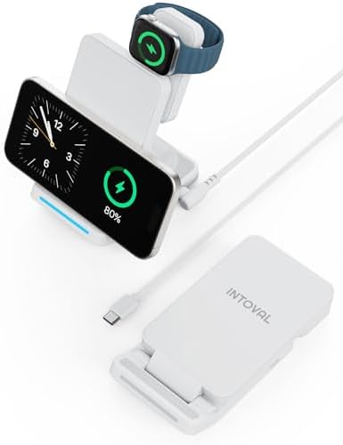 Intoval 3-in-1 Foldable Wireless Charging Station for i Phone 16/15/14/13 Series, Apple Watch 9/8/7/Ultra 2, and Air Pods – Fast Charging Dock with Enhanced Safety Features for Home and Travel, Sleek White Design for Effortless Organization and Portability