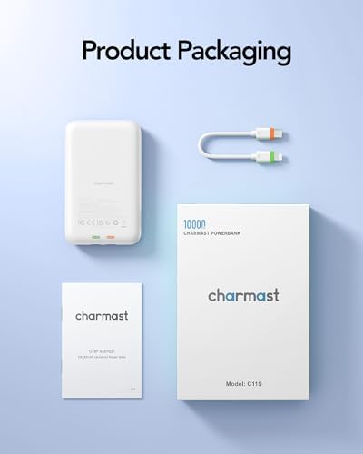 Charmast 10000 m Ah Slim Power Bank – 20 W Fast Charging Portable Charger with Removable Cable for i Phone & Android – Lightweight Hand-Free Battery Pack with Digital Display for Effortless Travel Convenience