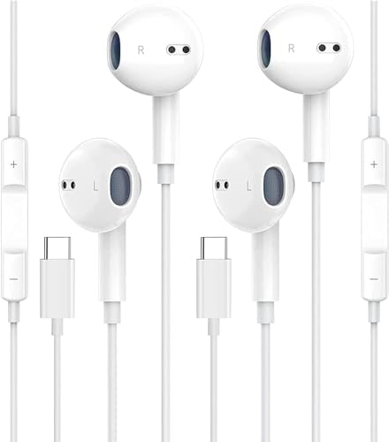 Premium USB C Wired Earbuds for Samsung Galaxy S23 FE, S22, S21, S20, A53, A54 – Dual Pack In-Ear Headphones with Built-in Microphone, Volume Control, and Exceptional Bass for Superior Audio Performance on All Android Devices